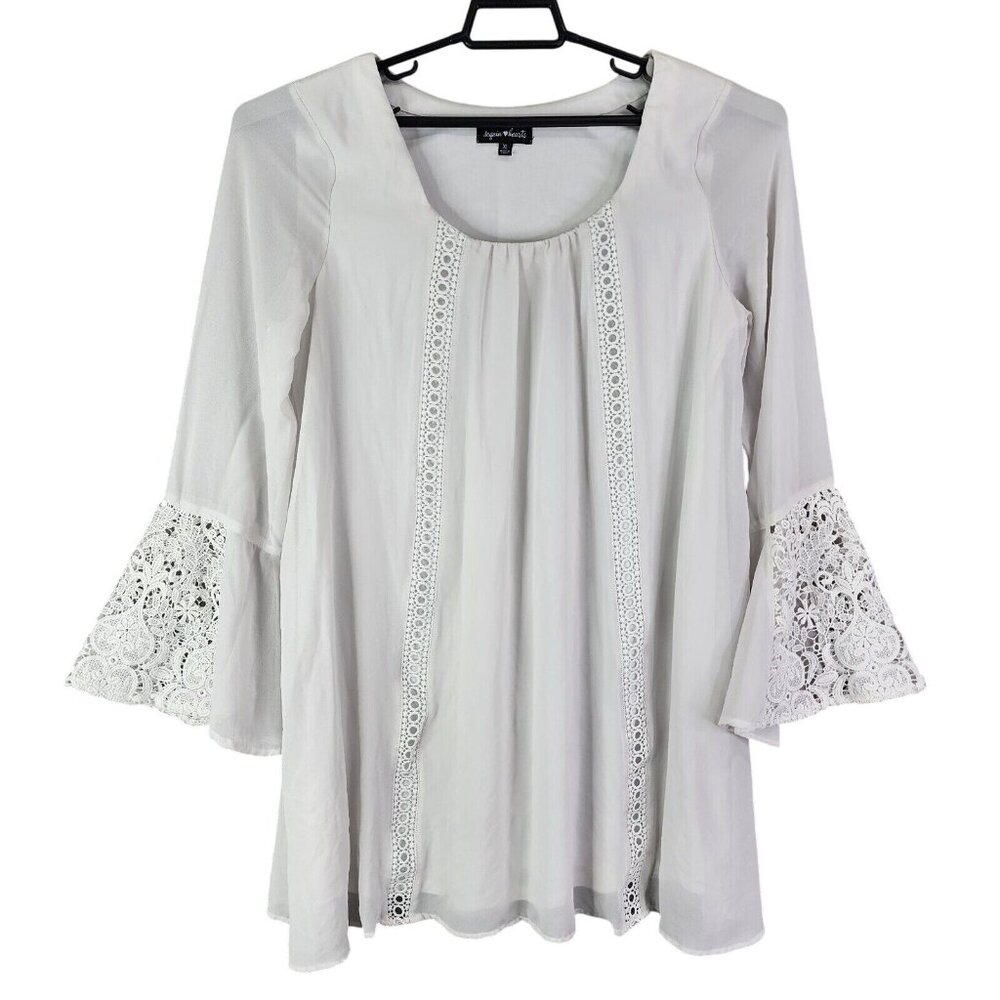 Womens  Sequin Heart Gray Tunic Blouse Boho Flared Laced Sleeve Round Neck XL